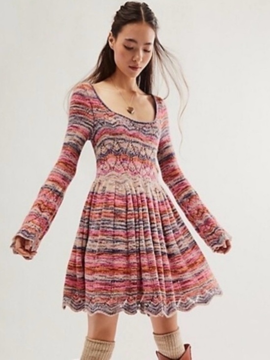 Free People Dresses & Skirts - Free People Pink Multi-Stripe Scoop-Neck Long Sleeve Dress